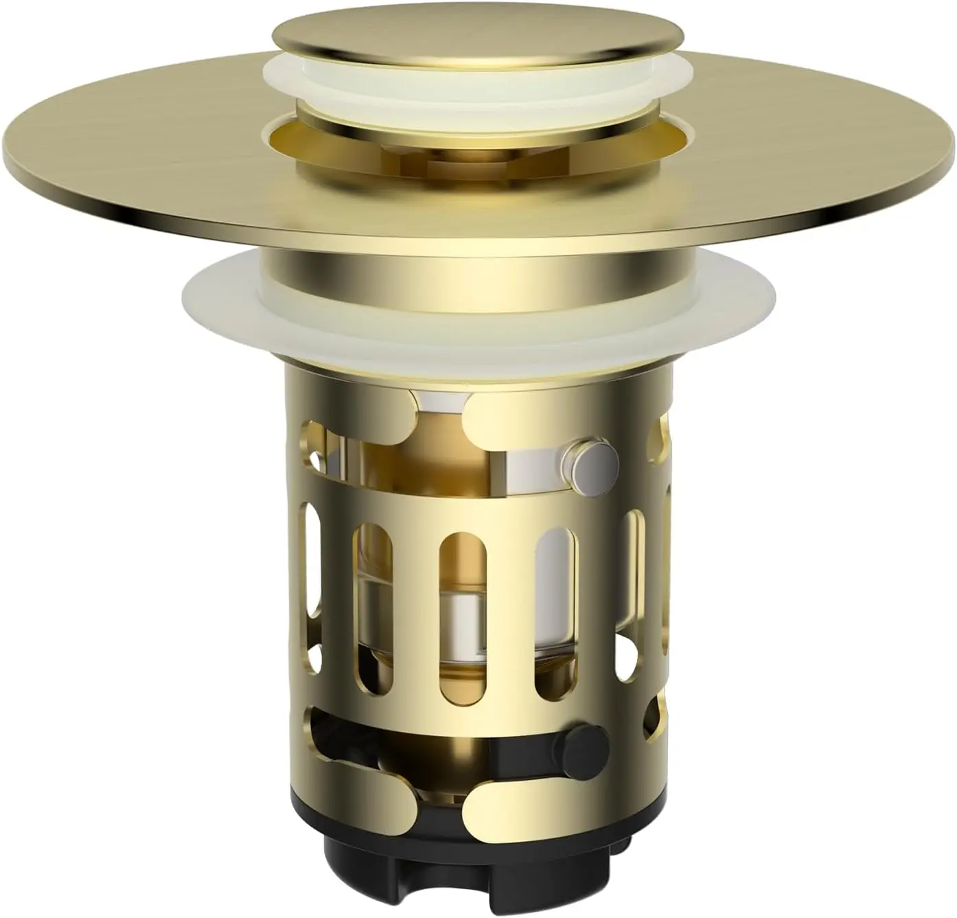 

Upgraded 3-in-1 Sink Drain Strainer, Pop Up Stopper with Removable Stainless Steel Filter, Fits 1.1-2.36 inch Drains, Brass Core, Brushed Gold
