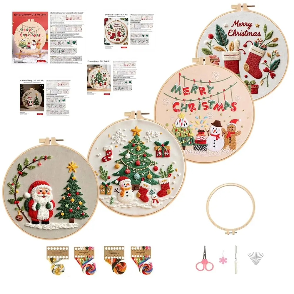 

4 Pack Christmas Embroidery Kit for Beginners, Needlepoint Cross Stitch Kit for Adult Beginner, Easy DIY Hand Embroidery Sta