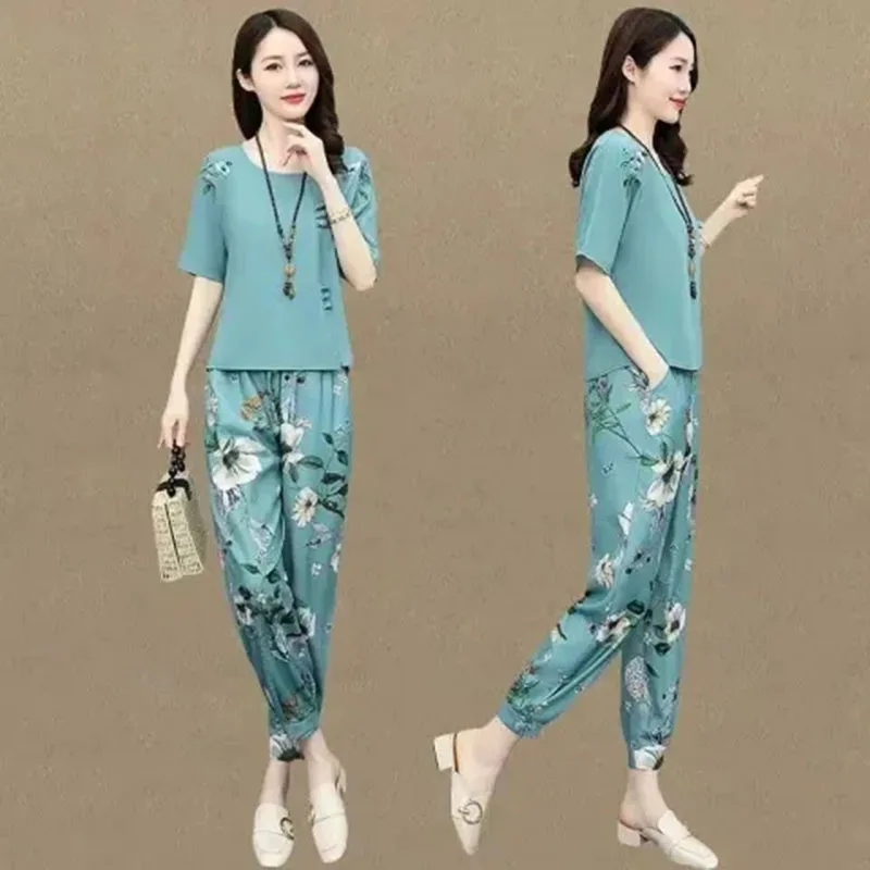 

Printing Whole Set Ladies' Summer Suit New Middle-Aged Leisure Fashion Relaxed Temperament Comfortable Leg Pants Two-Piece Suit