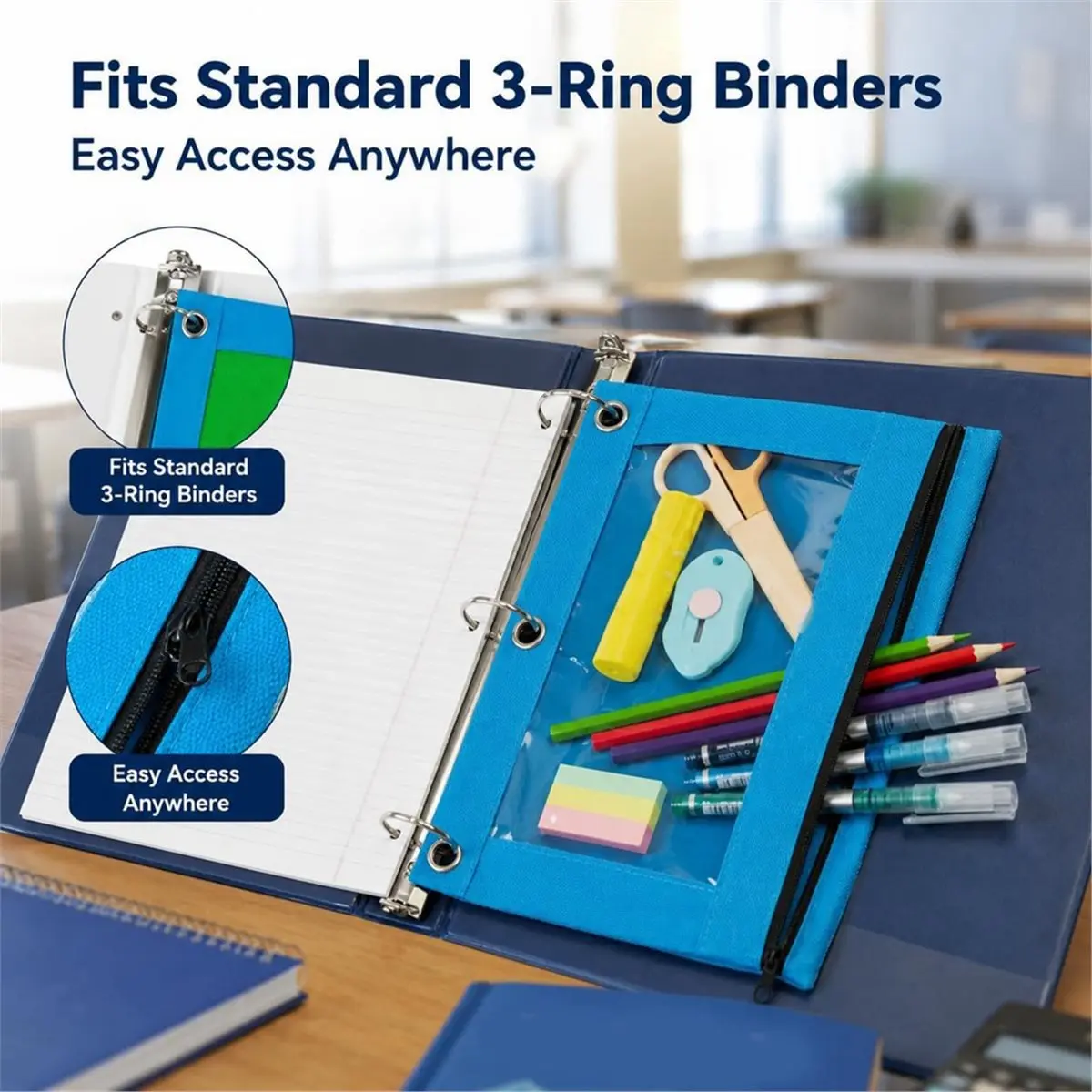12 Pack Pencil Pouch for 3 Ring Binder, 3-Holes Zipper Pencil Pouches with Clear Window, Pencils Bags