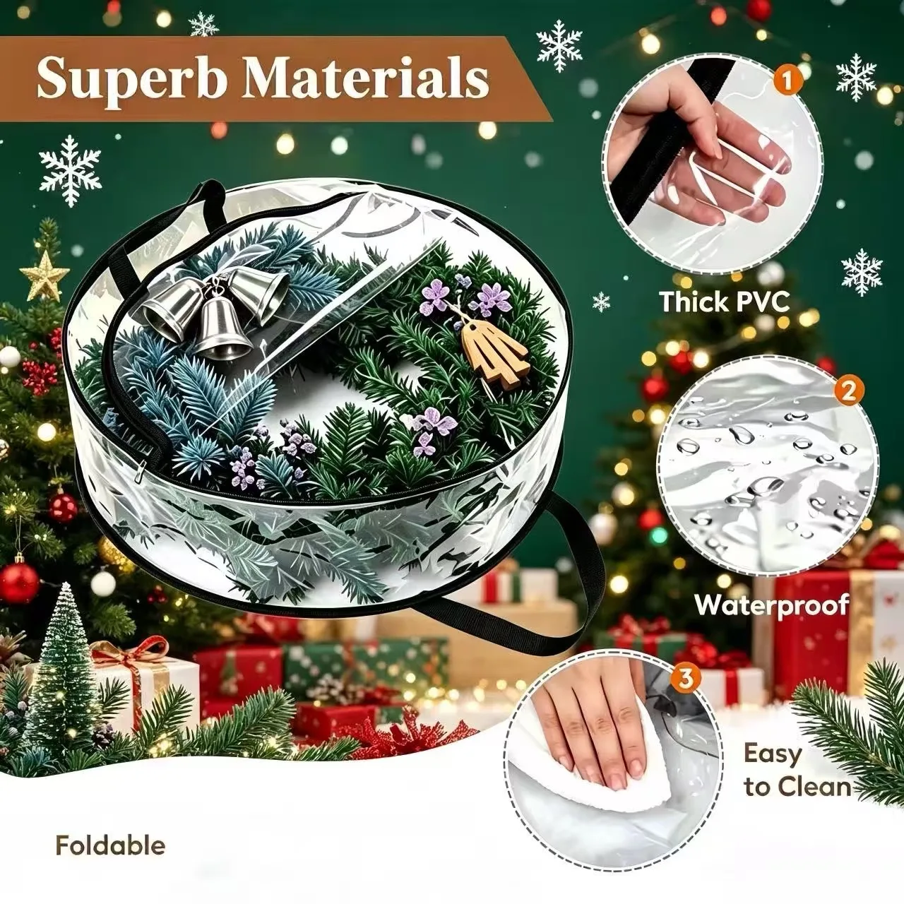 Transparent Christmas Wreath Storage Bag,Large Capacity Dust-proof and Moisture-proof Holiday Wreath Storage Bag,with PVC Handle view 3
