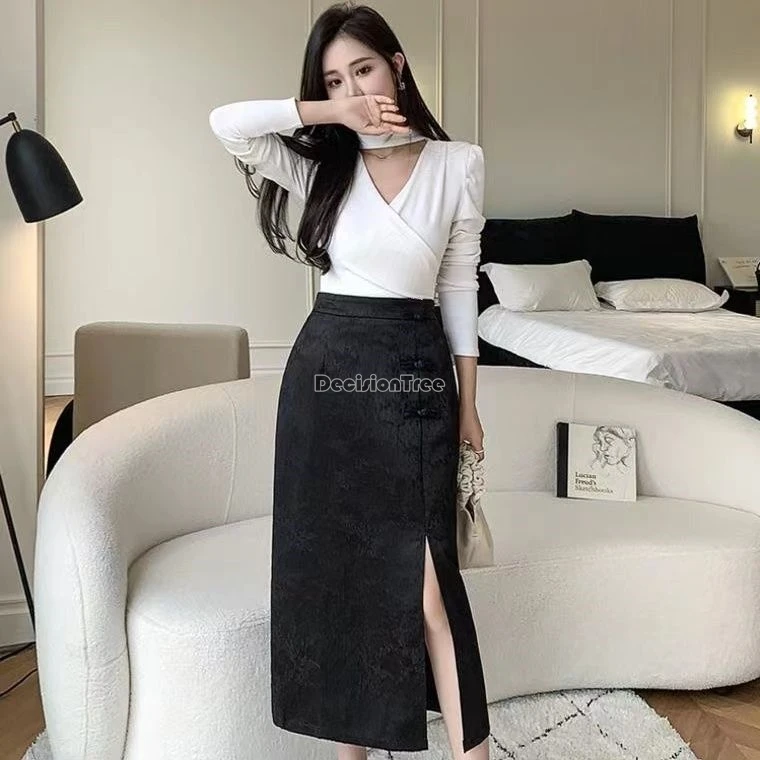 2024 summer new chinese improved fashion style elastic waist high waist slimming half skirt women jacquard slit a-line skirt