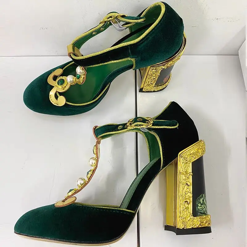 

Green Crystal Decor Flock Pumps Round Toe Ankle Buckle Strange Style Heels Retro Style Dress Women Shoes Zapatos Para Mujere