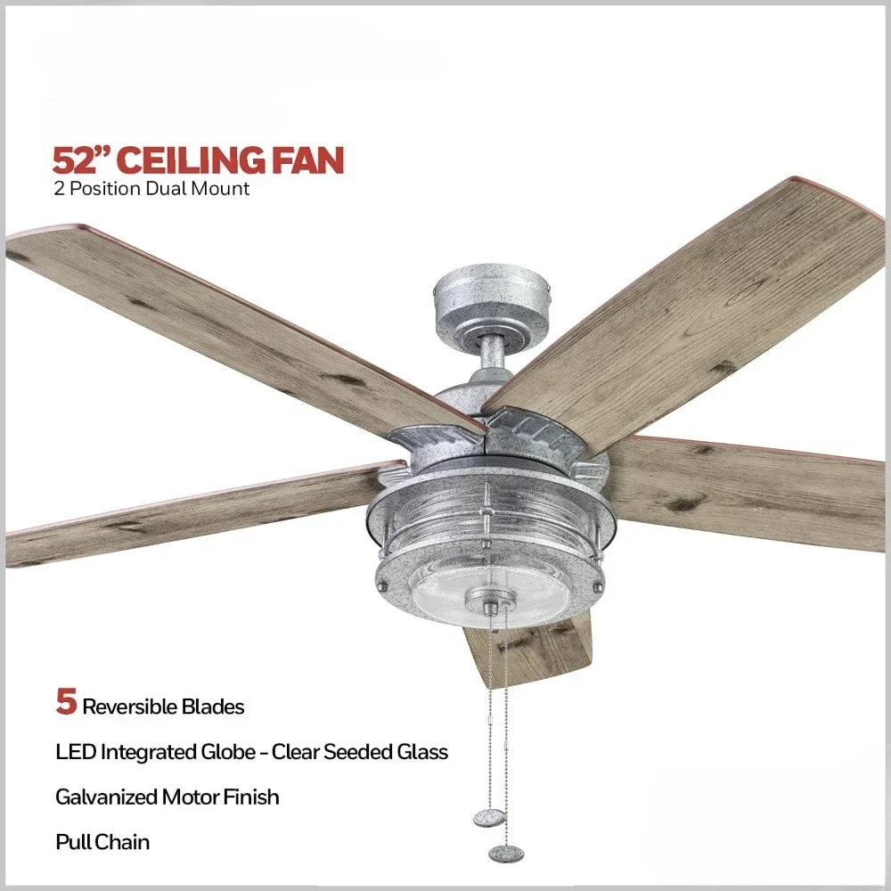 52 Inch Farmhouse Indoor Outdoor Ceiling Fan with Light, Pull Chain, Dual Mounting Options, Dual Finish Blades, Reversible Motor