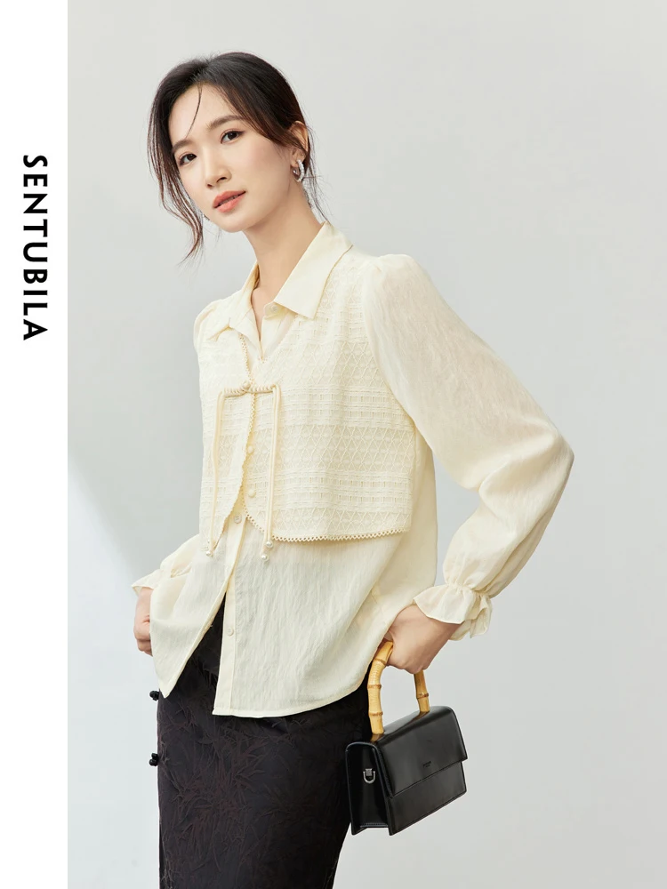 SENTUBILA Chinese Style Fake 2 Piece Blouse 2024 Spring Polo Collar Button Up Loose Shirts Long Sleeve Womens Tops 141C53212