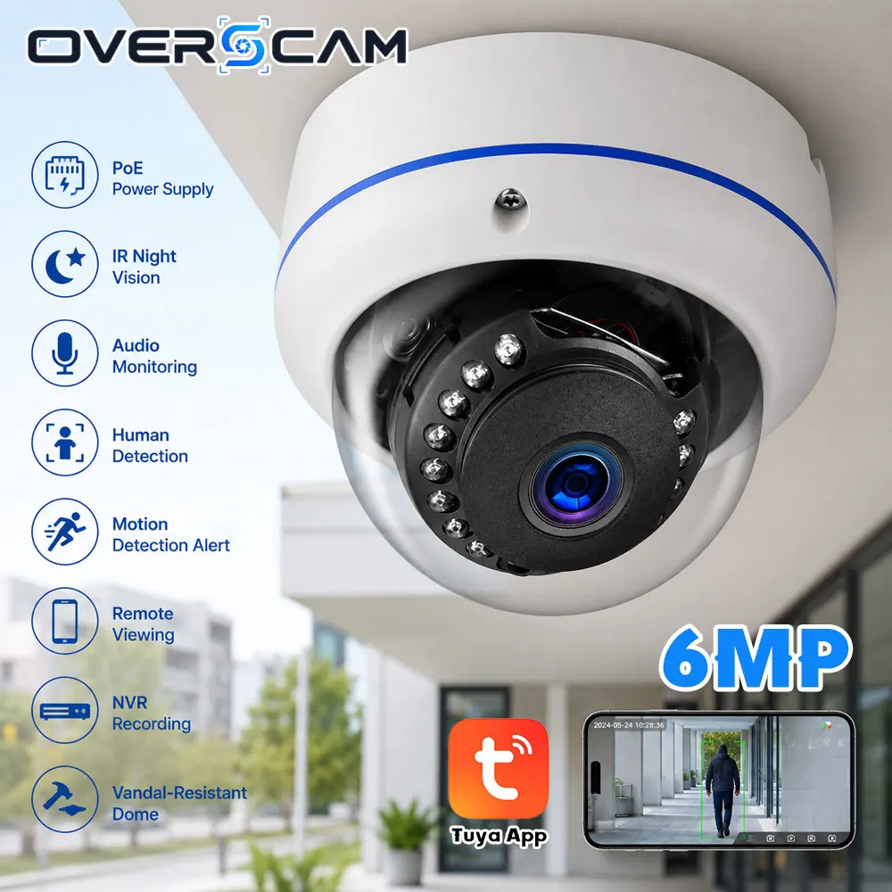 6MP PoE Vandal Resistant Dome IP Security Camera IR Night Vision Audio Record Human Detection Motion Alert ONVIF NVR Remote View