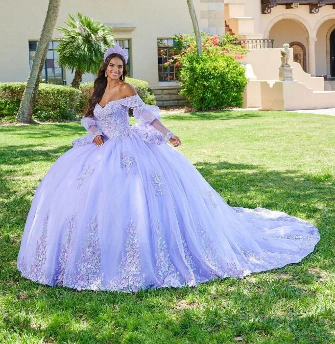 Fairytail-vestidos de Quinceañera de manga larga con hombros descubiertos, apliques florales, lilas, moradas, con cordones, 15 años de Graduación