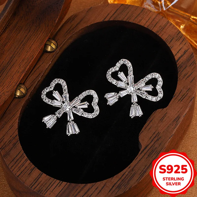 

Luxurious and Elegant Genuine S925 Silver Hollow Full Diamond Bow Lady's Temperament Earrings