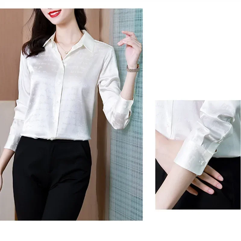 Fashion Silk Women\'s Blouses Shirts Long-sleeved Top Jacquard Satin Woman Shirt Solid Button Print Blouse Elegant Women Clothing