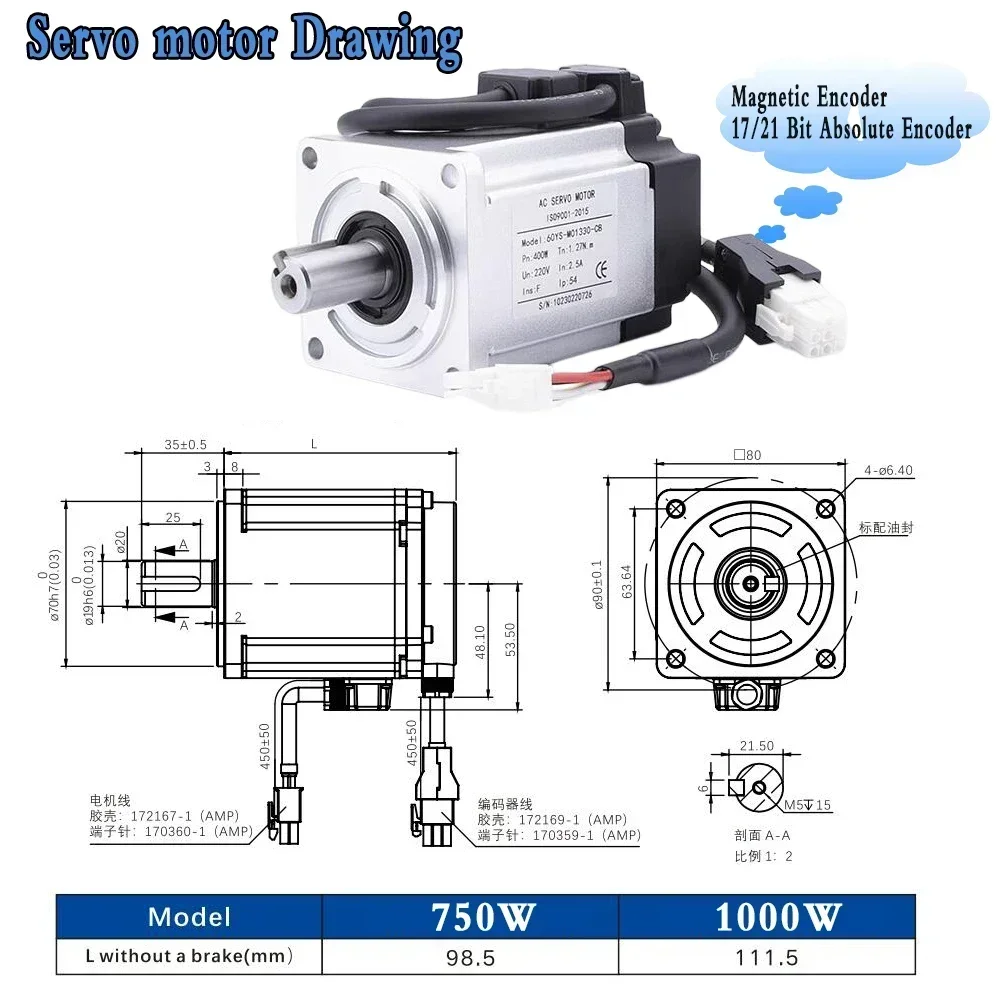 AC Servo Motor Driver Kit 400W/750W/1KW 17/21Bit Single Multi Absolute Encoder 3000RPM 2.39Nm~3.18Nm 80 Flange Servo With RS485