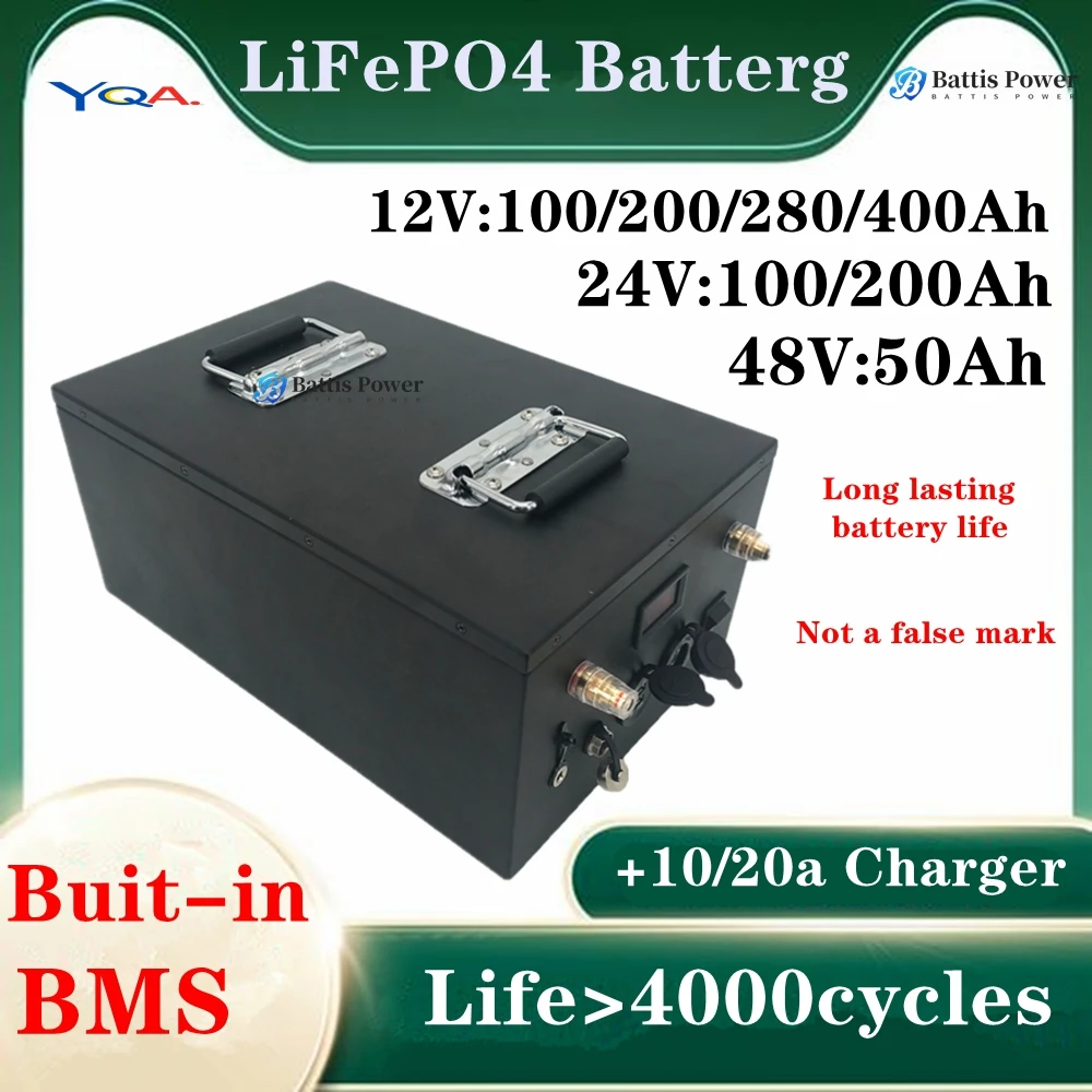 12V 200Ah 280Ah 400Ah 24V 100Ah 200Ah 48v 50Ah LiFePO4 Lithium Battery with BMS for Home Energy Storage Solar RV Camping