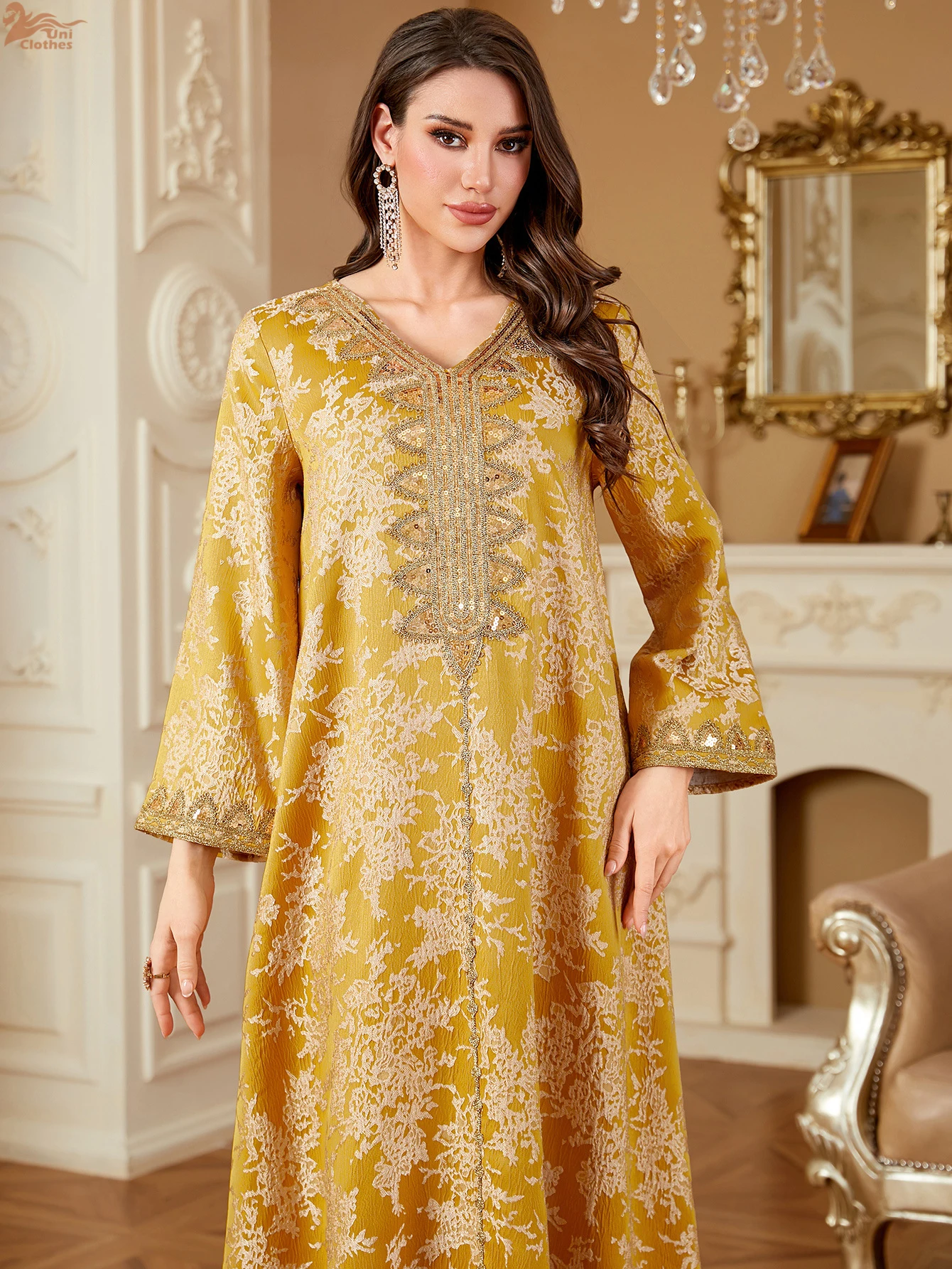 Fashion Summer Ethnic Floral Print Long Dress Muslim Vintage V-Neck Lace Tape Dress Eid Mubarak Sequins Clothing Women Dress ﻿