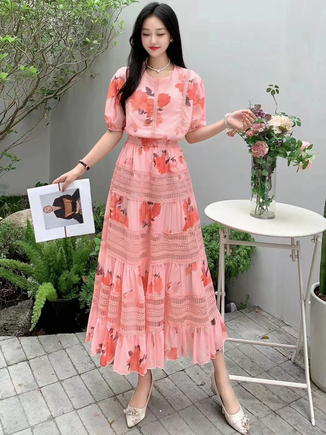 2024 New Summer Women Elegant Floral Skirt Suits Loose Short Sleeve Chiffon Shirt And Lace Patchwork Long Skirt Two Piece Set