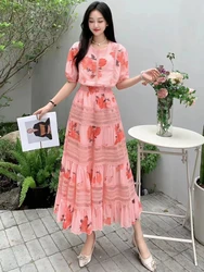 Summer Women Elegant Floral Skirt Suits Short Sleeve Chiffon Shirt And Multi-layered Lace Patchwork Long Skirt Two Piece Set