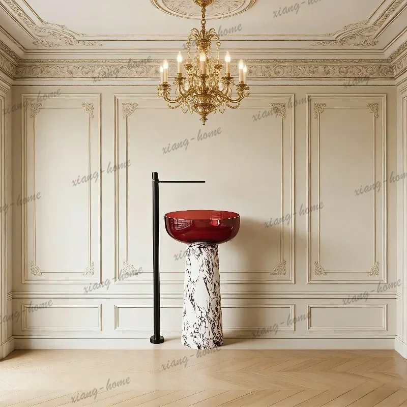 French retro marble floor-to-ceiling villa clubhouse hand washing wine red transparent washbasin