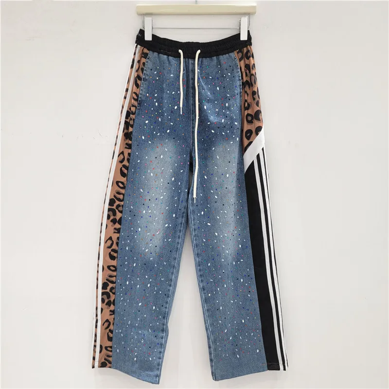 

Blue Jeans European Retro Patchwork Leopard Print Personality High Waist Jeans Women Spring Autumn Versatile Fashion Women Jeans