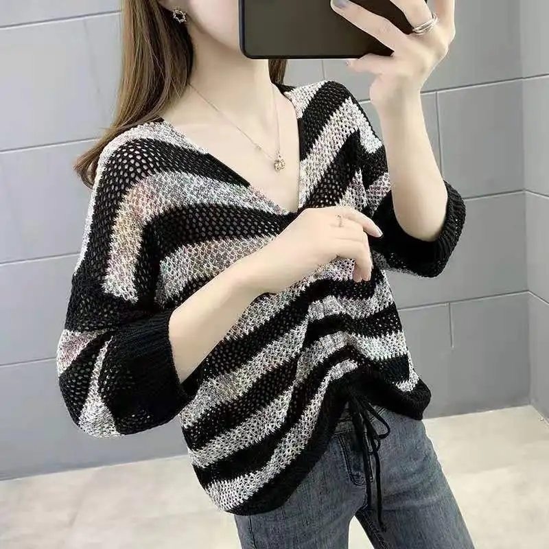 Bat Knitted Shirt Summer New V-neck Striped Short Hollow Cover Shirt Thin Loose Bottom Shirt Women's Top Trendy