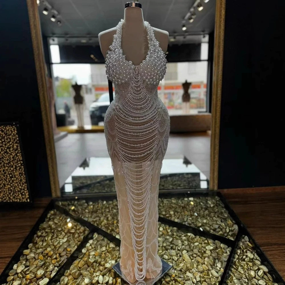 

Bandage halter neck beaded nude tulle waist halter back dress pearl back slit dress evening dress couture-GZXX810