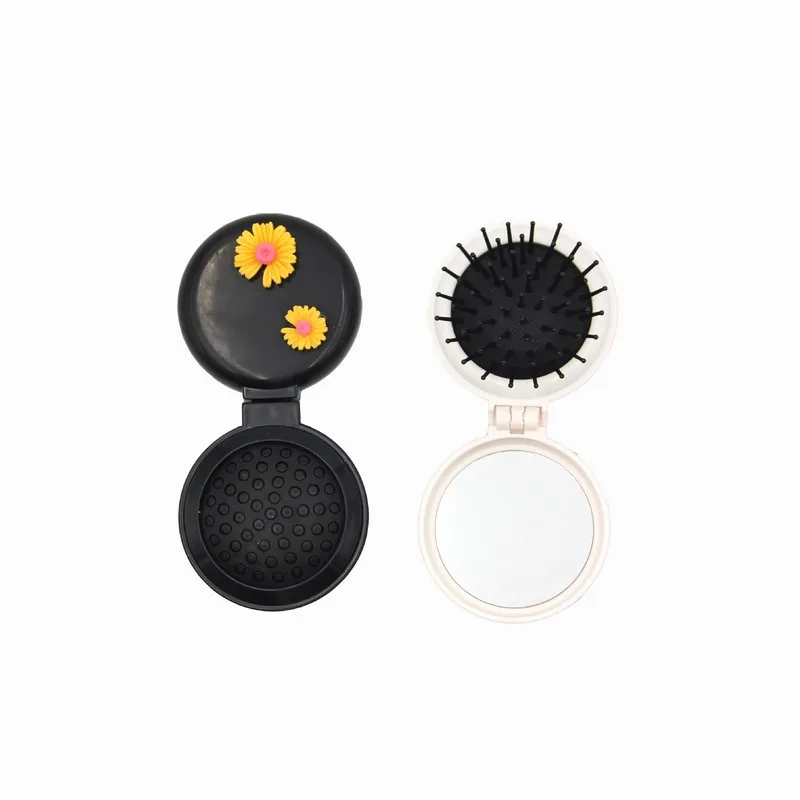 Mini miroir de poche portable avec peigne pour fille, massage mignon, brosse à cheveux pliante, petit, voyage, CX216