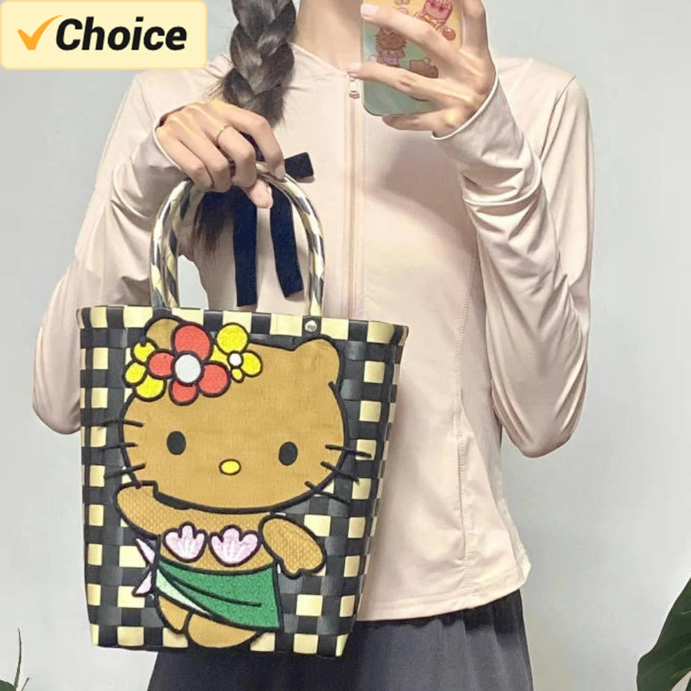 

Sanrio Hello Kitty Woven Basket Bag Cute Embroidery PVC Handbags High Capacity Shoulder Tote Bags Beach Vacation Bags For Women