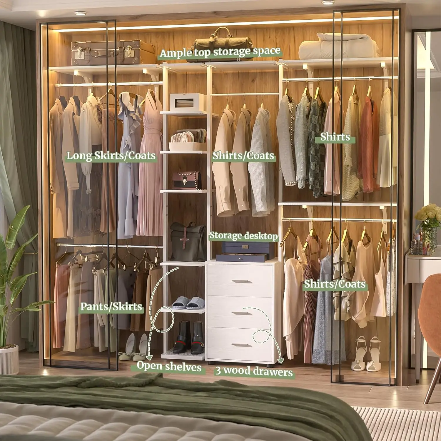 Aheaplus Closet System With Drawers, Closet Organizer System Storage With Shelves, 96'' Walk-In Closet With 5 Hanging Rods,