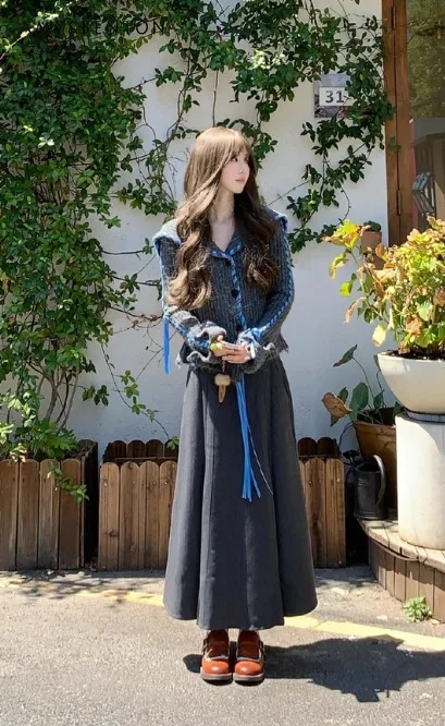 خريف جديد النمط الأمريكي تصميم الشريط كبير التلبيب رمادي غامق سترة مشغولة من الصوف المرأة فضفاضة التخسيس سترة رمادية فاتحة