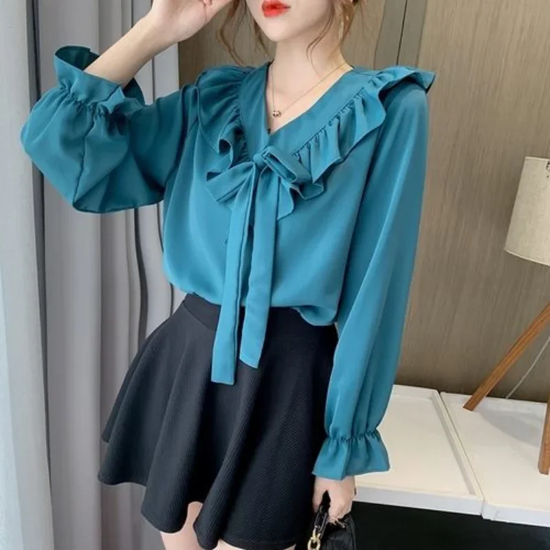 Süße Chiffon Plissee Shirt Tops Frühling Herbst neue Langarm V-Ausschnitt Schleife einfarbige Bluse 90er Jahre Mode lässig Frauen kleidung