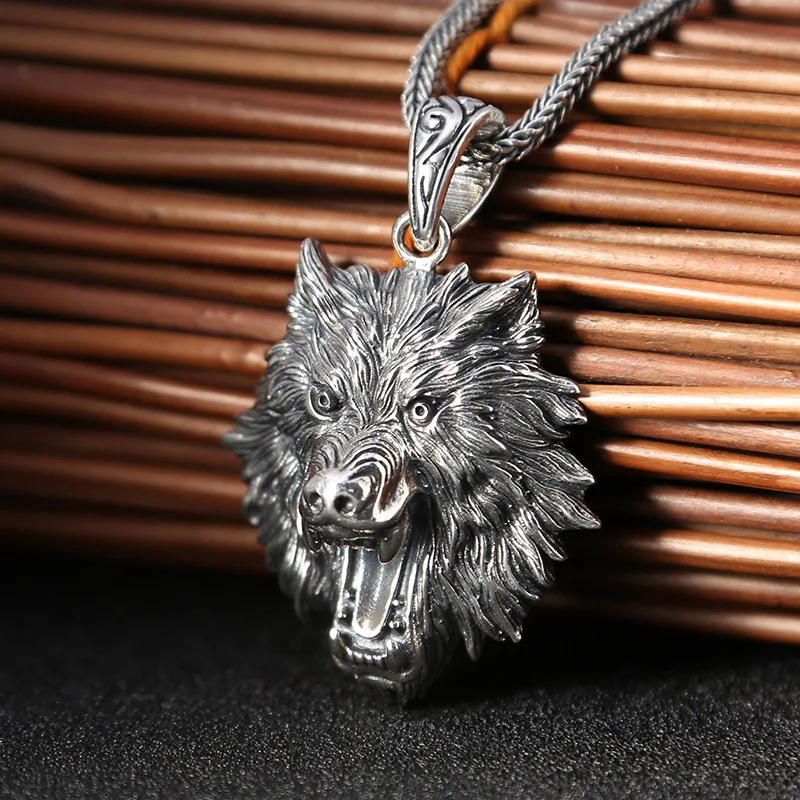 

pendant men's sterling silver necklace handmade domineering wolf head pendant retro personality birthday gift punk jewelry