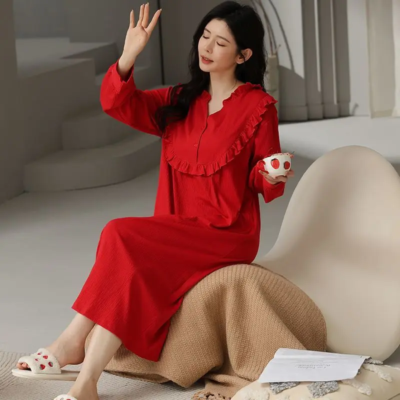 Nightgown Women Long Sleeve Dresses Big Size Long Nightgown Kawaii Clothes Cotton Pajamas Loungewear Night Gown for Women