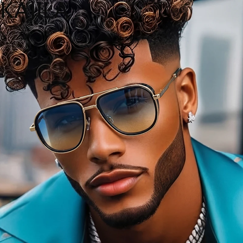 

Oversized Pilot Sunglasses Men 2026 Luxury Designer Vintage Metal Square Sun Glasses Double Bridge Brown Gradient Shades Male
