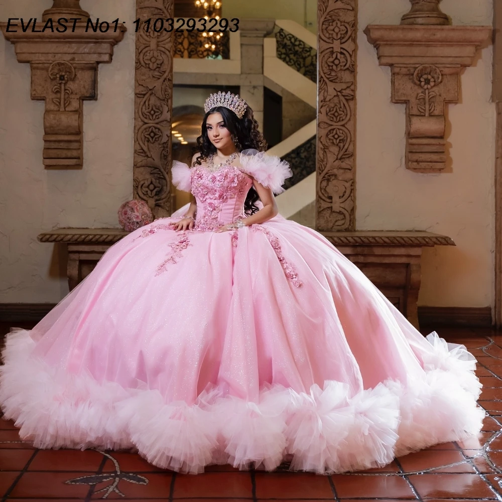 

EVLAST розовое платье Quinceanera по индивидуальному заказу, бальное платье с цветочной аппликацией, бисером и оборками, корсет Sweet 16, Vestido De 15 Anos E1Q127