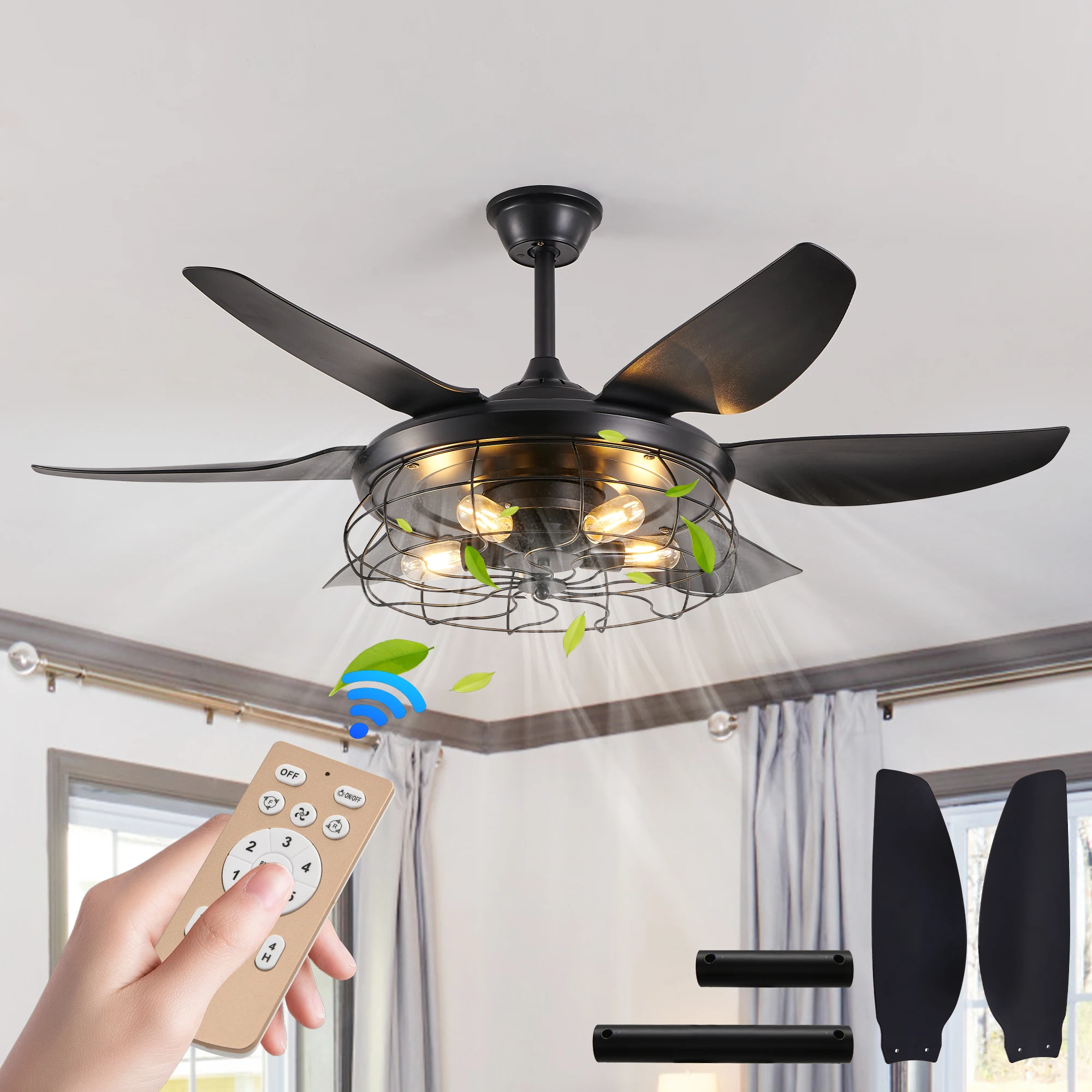 

52" Modern Cage Design Black Ceiling Fan Light Remote Control 6 Fan Blades Adjustable Speed for Living Room Bedroom Dining Room
