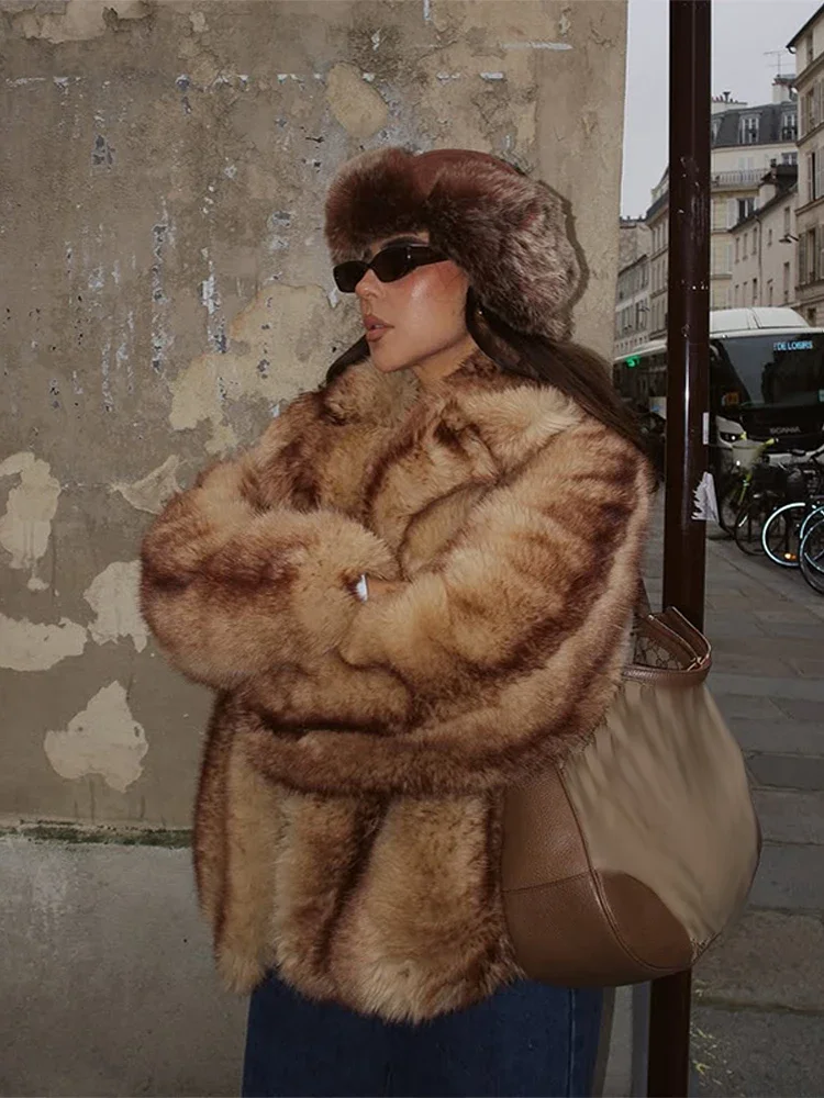 Retro pele do falso lapela engrossar casaco feminino casual impresso pelúcia único botão casacos feminino 2025 inverno clássico chique rua outwear
