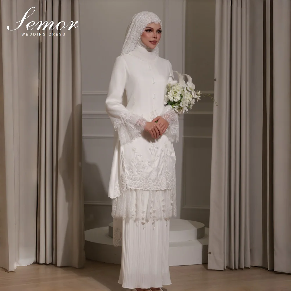 Semor Customized Muslim Wedding Dress 2 Piece Set Long Sleeve Lace Beaded Hijab Bridal Outfit Modest Islamic Nikah Wedding Gown