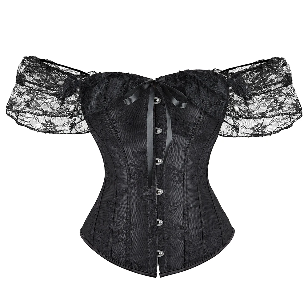 Women Lingerie Corselet Bustier Top Floral Lace Short Sleeves Overbust Corset Gothic Shirt Korset