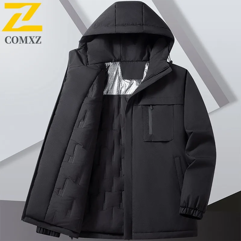 COMXZ 2025 Men Women Color Block Hooded Puffer Jacket American Style Graphene Lined Winter Thickened Casual Outdoor Sports Coat
