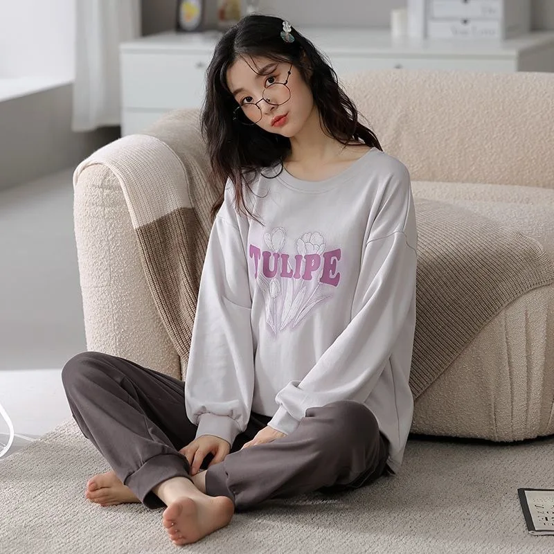 Women Pajamas Spring Autumn New Female Cotton Long Sleeve Sweet Round Collar Home Wear Two-Piece Casual Loose Sleepwear Set 2024