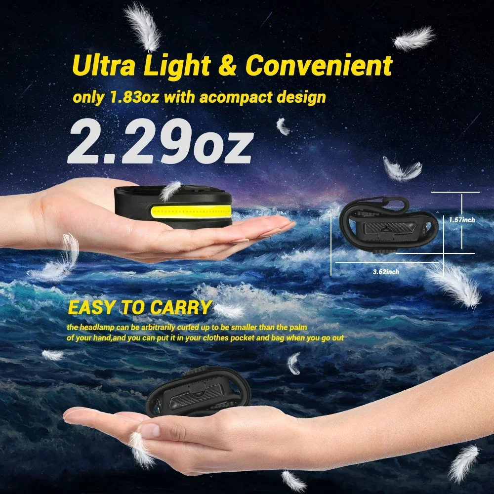 Powerful Headlamp LED Sensor Strong Light Headlight Mini USB Rechargeable Head Flashlight Light Portable Camping Search Light