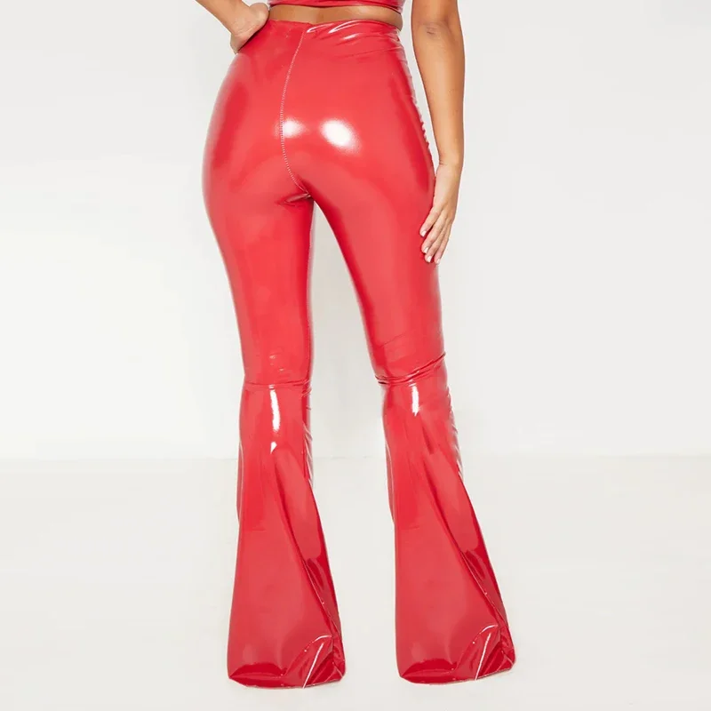 Shiny Stretch Faux Leather Women Flare Pants Glossy PU Slim Ladies High Waist Trousers New Fashion Solid Color Sexy Custom 2024