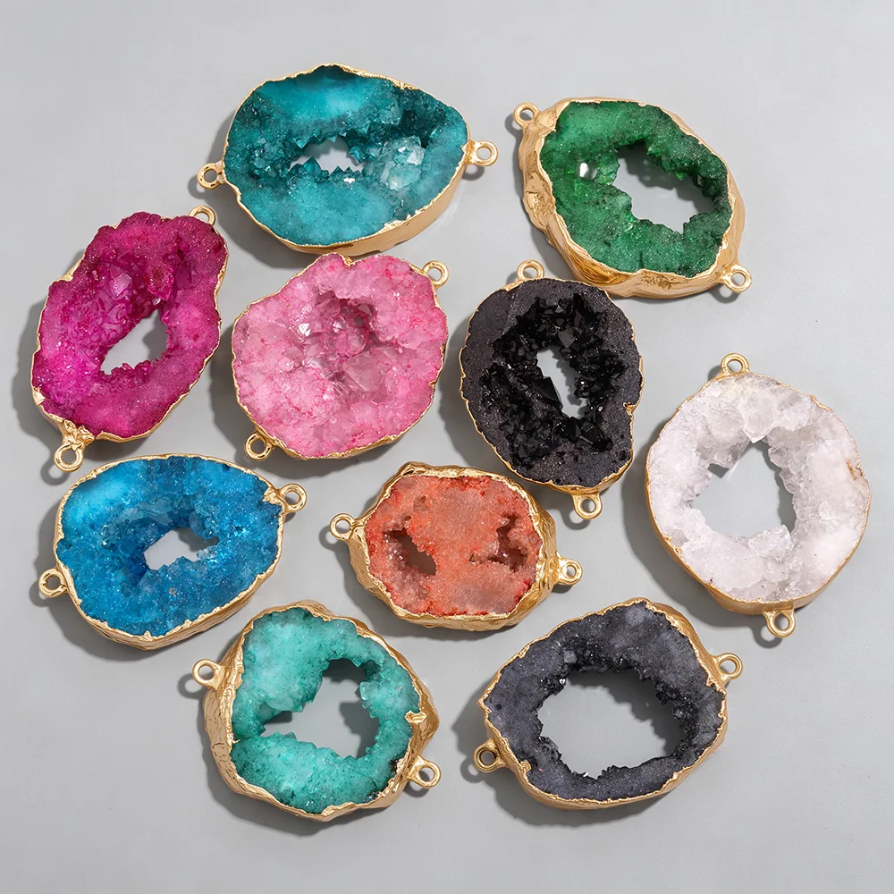 1PC Natural Agates Geode Druzy Slice Connector Pendant 20-30*25-35mm Agates Crystal Double Loops Charm For Handmade Jewelry