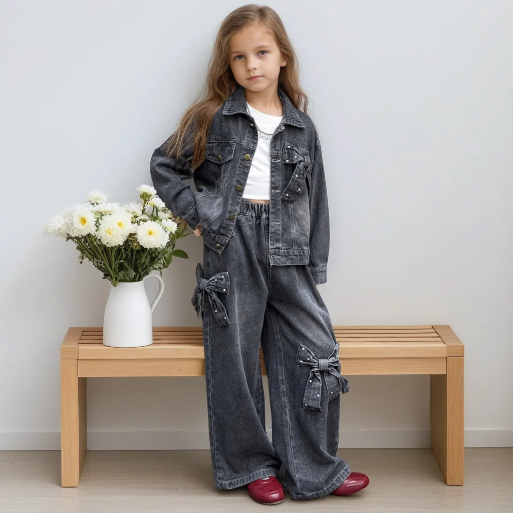 

Teens School Girls Denim Set Autumn Fashion 2pc Outfit Trendy Flower Design Jacket Wide Leg Jeans Stylish Casual Wear Blue/Black