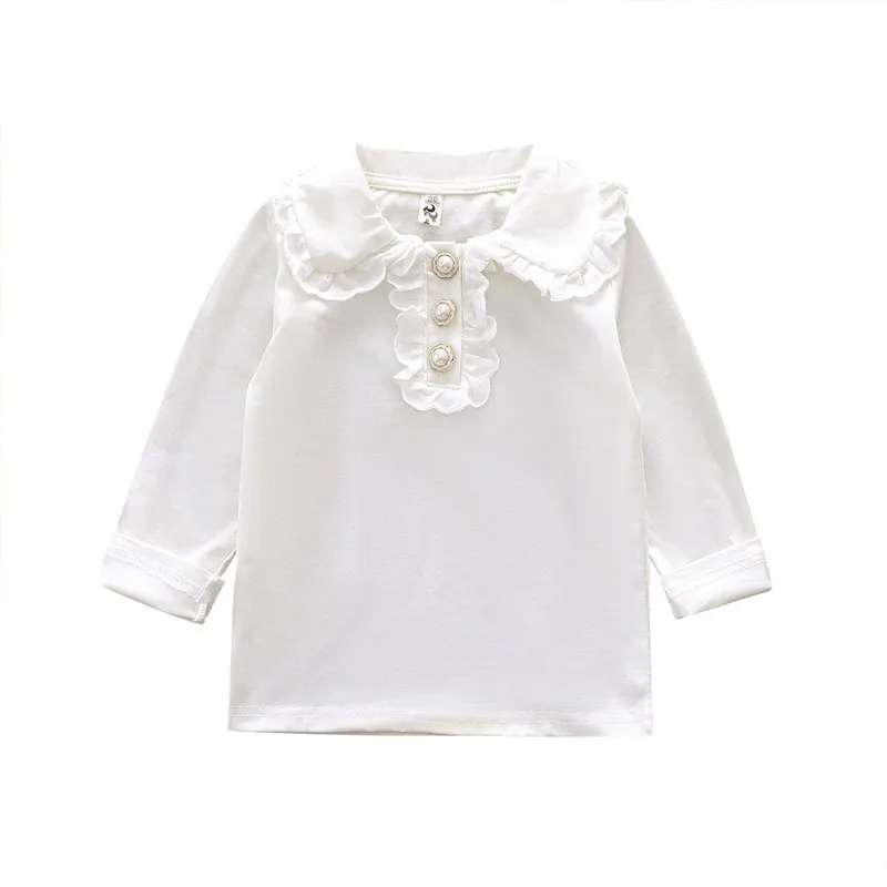 Girls White Long Sleeve T Shirt Peter Pan Collar Ruffle Trim Pearl Button Top Kids Autumn Spring Casual Blouse Girls Clothing