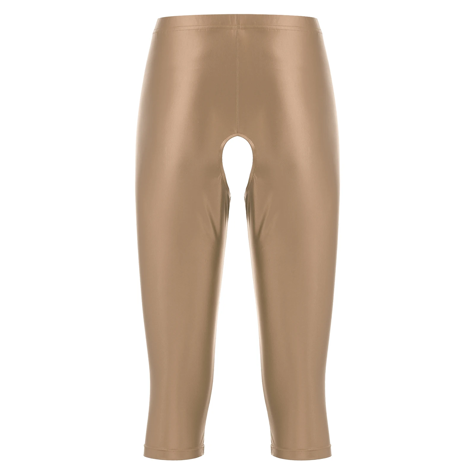 Pantalones cortos brillantes y aceitosos para mujer, mallas Capri ajustadas con entrepierna abierta, lencería inferior, ropa de noche para discoteca