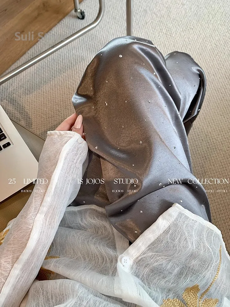 Acetato Hot Diamond nuevos pantalones de pierna recta de satén chino para mujer novedad de verano 2025, pantalones casuales finos drapeados