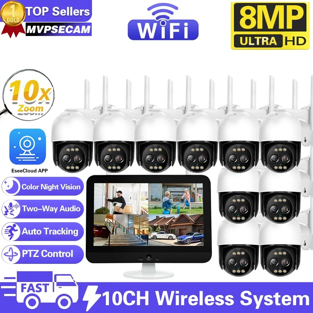 

8MP WIFI Security PTZ 10X Camera Kit PIR Detection Color Night Vision IP Camera Set 10CH NVR Wireless CCTV Surveillance System