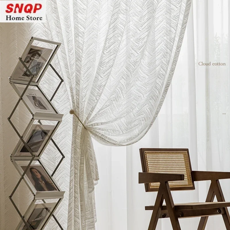 

Warp Knitted Geometric Textured White Tulle French Luxury Modern Sheer Curtains for Living Room Bedroom Dining Window Blackout