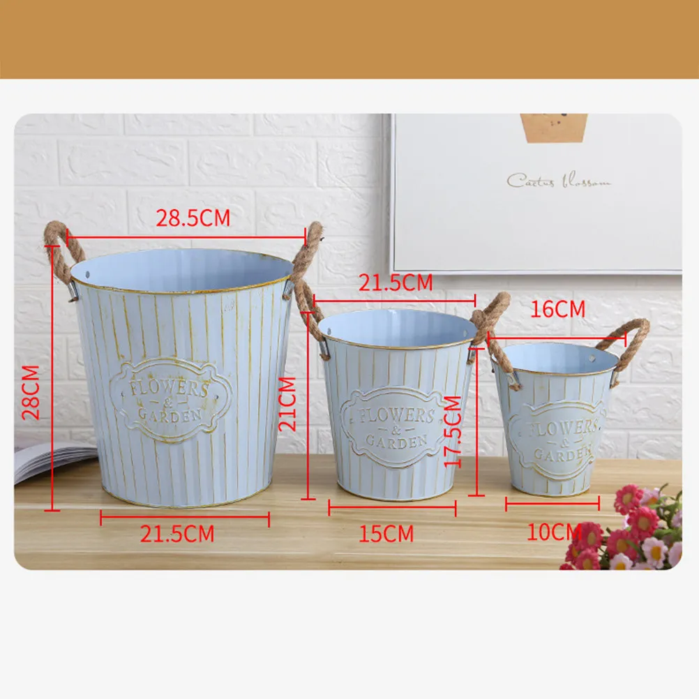 Metal Flower Bucket Iron Vintage Style with Natural Hemp Rope Handle for Home Decor Balcony Vegetable Garden Office Desk Dry