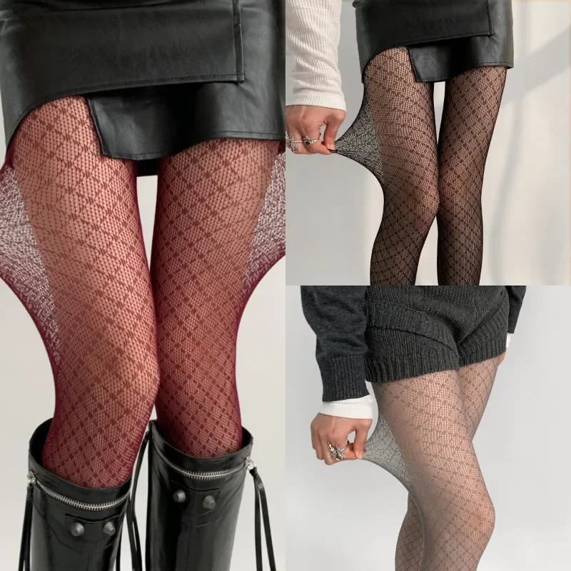 Koreanische Damen Rhombus-Karo-Strumpfhose Retro Sexy Nylon-Netzstrümpfe Gothic Lolita Netzstrumpfhose im Ins-Stil