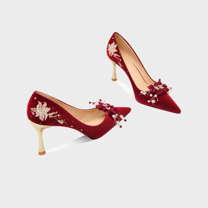 New Spring/Autumn 2026 Fashionable Stiletto Heels, Wine Red Crop Dress, Festive Wedding Shoes, Flower-embroidered Women's Shoes