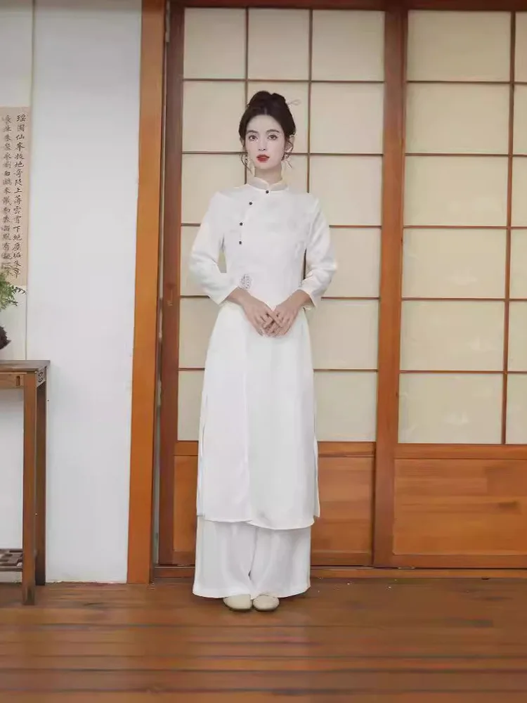 

Vintage Stand Collar Slim Fit Top with Frog Buttons and High Waist Wide Leg Pants for Classical Dance Performance